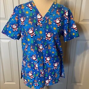 Just Cotton Christmas Holiday V-neck Scrub Top Women’s X-Small Santa Festive